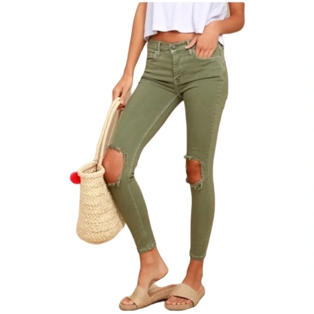 Free People Green‎ Distressed Skinny Jeans Size 27